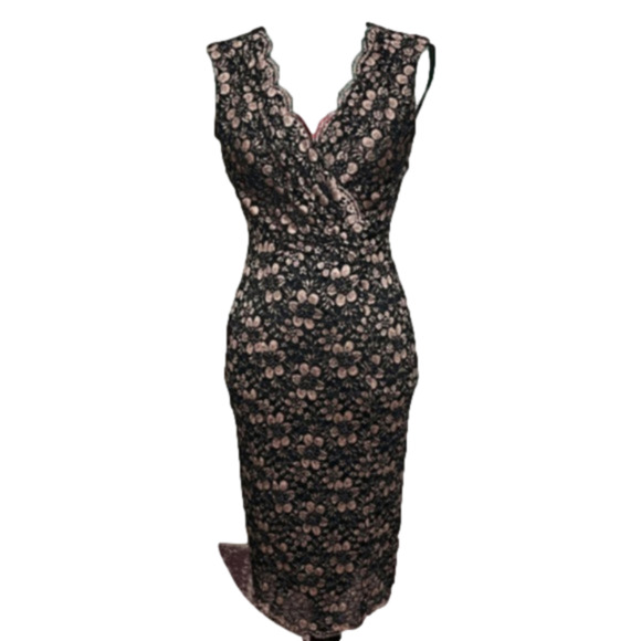 Tahari ASL Dresses & Skirts - Tahari ASL Lace Sheath Wrap V Neck Scalloped Trim Stretch Dress Black/Rose Gold